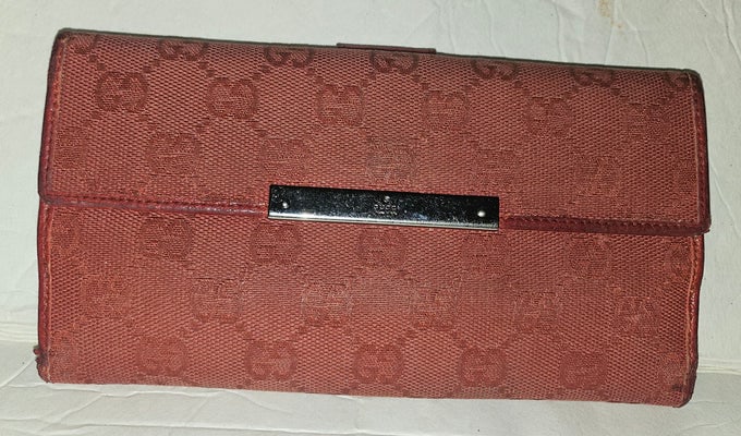 Gucci, red Guccissima print canvas and leather, XL size, wallet: For sale is a Gucci, red Guccissima print canvas and leather, XL size, wallet with change purse, checkbook holder, and card slots! This practical and great looking, classic wallet from Gucci is a perf