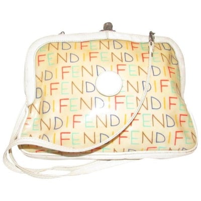 Fendi Clutch Limited Edition Two Way Or Multi Colored Fendi Logo Leather And Coated Canvas Satchel: For sale is an early Fendi SAS, multi-colored 'FENDI' logo print on white coated canvas and white textured leather, two-way- satchel style, cross body/shoulder purse or clutch with 'FENDI' written thr