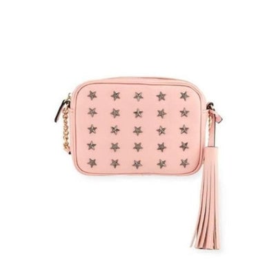 Neiman Marcus W Roz Camera Style Gunmetal Star Shaped Studs Pink Faux Leather Cross Body Bag (1 of 4)