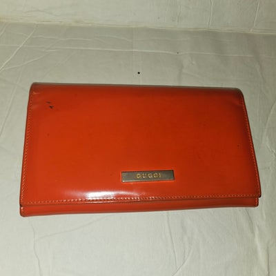 Gucci orange glossy leather XL size, wallet: For sale is a Gucci, orange glossy leather, XL size, wallet with change purse, checkbook holder, and card slots! This practical and great looking, classic wallet from Gucci is a perfect mate to any pu