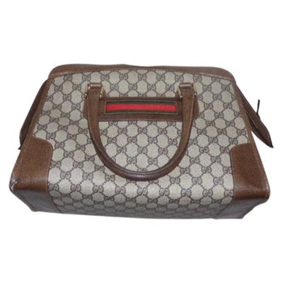 Gucci Ophidia Tote Bag W Guccissima Print Redgreen Stripe Brown Coated Canvas And Leather Satchel: For sale is a vintage, Gucci, brown Guccissima print coated canvas/leather, XL, satchel with red/green horizontal stripes below the handles, two rolled leather handles, and a top zip closure! This is 