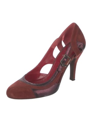 Fendi burgundy suede & purple python S7 heels with cutout sides & buckles (1 of 4)
