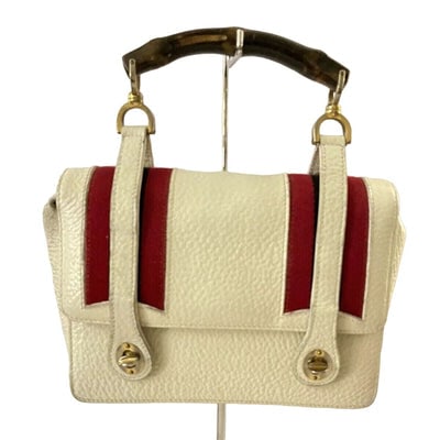RARE Gucci white leather lunchbox bamboo bag w red & blue stripes: For sale is a RARE, collectible, mod, early Gucci, white leather lunchbox style satchel with red & blue stripes, a bamboo handle, multiple compartments, and gold hardware! It is the original 1960'
