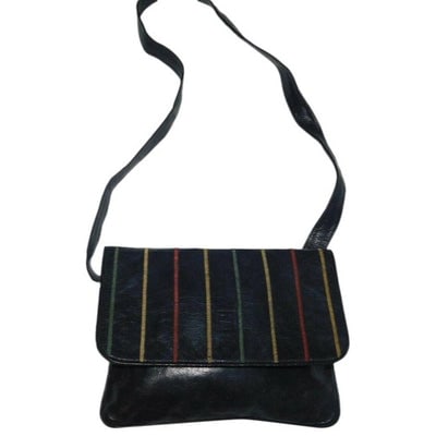 Fendi Shoulder W Satchel Cross Body Or W Multi Color Rainbow Stitches On Navy Leather Messenger Bag: STRAIGHT FROM ITALY!!! * For sale is a RARE, Fendi, messenger, cross body, or shoulder bag made of navy leather with stripes of red, green, and yellow stitching, an envelope top, magnetic snap closure