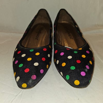 Yves Saint Laurent navy flats with multicolored polka dots: For sale is a pair of Yves Saint Laurent navy flats or low heels with multicolored polka dots in red, yellow, green, white,, & purple and they ome with their dust bag. This is such a fun vintage