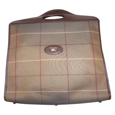 Burberry Vintage Designer Purses Seafoam Green Khaki Red Tan Canvas And Leather Tote: For sale is a Burberry's, mod look, greenish-khaki, red, and cream plaid/brown leather, tote/satchel/shopper with two hard handles & footed bottom! It has the 1960's classic mod style Burberry is 