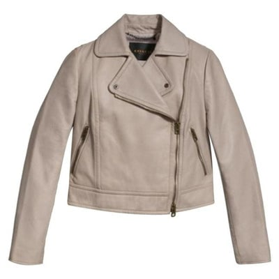 Coach NWT Grey Birch Leather Chrome Jacket: For sale is a fabulous, NWT, Coach, size x-small, structured, 'grey birch' leather, short, military or motorcycle jacket with an asymmetrical zip front, snap closure at the neck, zippers at the cuffs,