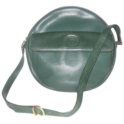 Gucci Round Canteen Style Textured Green Leather Satchel: * For sale is a RARE, vintage, Gucci, round, canteen style, shoulder bag in rich textured green leather with a top zip, front snap and slot pocket, and adjustable strap in excellent condition! This is