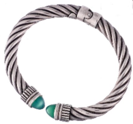 Flli Menegatti Chrysoprase sterling hinged cuff bracelet, 6" interior: Flli Menegatti crafted this stunning hinged cuff bracelet as a timeless piece of wearable art. The design features a lustrous chrysoprase stone—a delicate green variety of chalcedony prized for its 