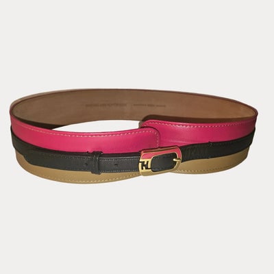 Fendi vintage NOS tri-color leather wide Chameleon belt with a gold buckle: For sale is an exceptional Fendi vintage NOS tri-color leather wide Chameleon belt, size 80/32, featuring a striking combination of red, black, and camel leather with an elegant gold-tone buckle. This
