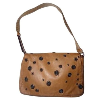 Prada Vintage 1990's Tan Leather and Suede Shoulder Bag with Rivet Design: For sale is an authentic, Prada, camel & brown leather shoulder bag with suede back pocket and riveted design in front! A great looking, classic purse set with a lot of style! This is a fabulous, 