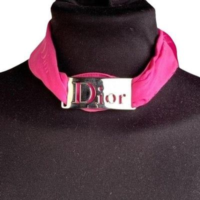 Dior Pink Removable Chrome Ring Scarf: STRAIGHT FROM ITALY!!! For sale is a Christian Dior, DIOR logo scarf necklace comprised of a Dior silk scarf with a bold silver logo scarf ring, a hot pink scarf with the Dior logo print throughout, a