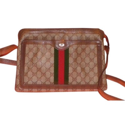 Gucci Ophidia Brown Leather Messenger Shoulder Bag W Guccissima GG Print Red Green Stripe: *** THE SAME STYLE WAS RE-RELEASED IN GUCCI'S 2020 LINE! *** * For sale is a RARE, Gucci, brown Guccissima print coated canvas and brown leather vintage, Ophidia messenger style shoulder bag with red/