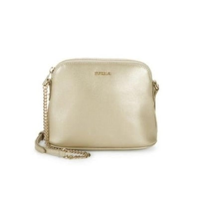 FURLA 'Miky' Pale Gold Leather Cross Body Bag: For sale is a new with tags, Furla 'Miky' style, iridescent, light gold leather bag with a chain strap and domed, top zip closure! Inside, there are three card slots and it is fully lined. The origina
