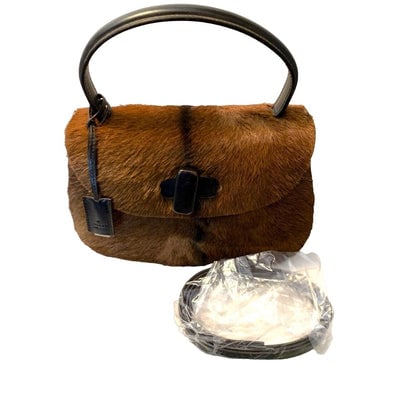 Gucci fur & black leather 1947 bamboo two-way purse- UNUSED!: For sale is a vintage, fabulous, Tom Ford era, GUCCI, 1947 bamboo style, brown fur & black leather, boxy, envelope style, two way purse with a leather top handle, a removable strap, leather Gucci 