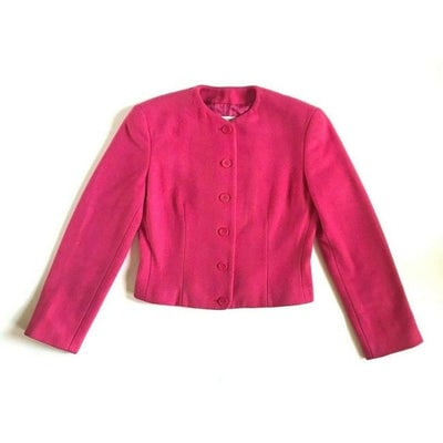 Giorgio Armani Fuchsia Pink Wool Blazer: For sale is a fabulous, Giorgio Armani, size 12, fuchsia wool, short blazer with a structured cut, button down front, rounded collar, and button accents at the wrists! This blazer from Giorgio Armani 