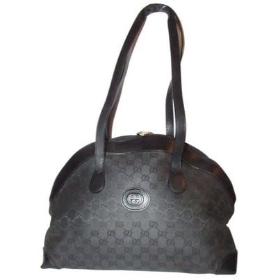 Gucci W Guccissima Print Canvasleather Two Longer Strapsgold Black Leather And Gg Canvas Satchel: * For sale is a RARE, vintage, Gucci, black Guccissima print canvas and black leather, unique satchel style purse with gold hardware, dual zip top closure, two longer, flat leather handles, and a dome