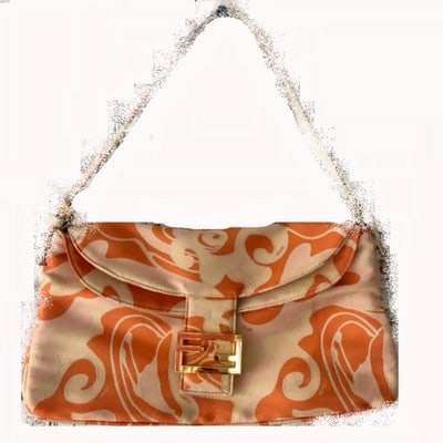 Limited Edition Fendi abstract orange & pink print silk & leather double flap top baguette: For sale is a rare, Fendi, limited edition, gold, orange, pink, peach, and ivory, abstract print silk and leather, large, double flap top, baguette bag with gold hardware, a single flat top handle tha