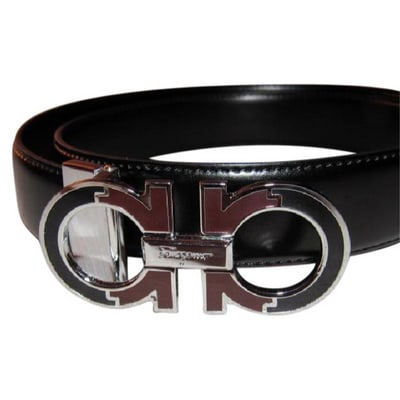 Ferragamo Black/Brown Leather W Gancini Buckle: For sale is a classic, Salvatore Ferragamo, reversible black or brown leather, 1.5" wide, 48" long belt with a 3.5" x 1.5" double Gancini, chrome buckle with inlaid black and brown enamel and holes at