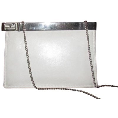 Fendi Clutch Embossed Two Or Style Purse White Leatherchrome Ff Top Shoulder Bag: ONE OF A KIND FENDI TWO-WAY STYLE! For sale is a Fendi, white embossed leather, two-way- cross body/shoulder or clutch style purse with an unusual, 1" wide, chrome band hinged closure at the top with 