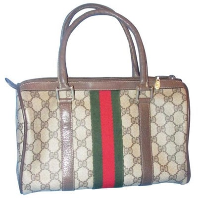 Gucci Boston Bag Guccissima Print Coated And Leather Brown Patent Gg Canvas Satchel: * For sale is a vintage, Gucci Accessory Collection, Boston bag made in a Guccissima or brown large G logo print coated canvas and brown leather with a wide, red and green center stripe, two, rolled, 
