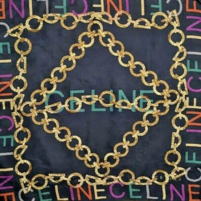 Celine Colorful Equestrian Logo Print Silk Scarf: For sale is a RARE, Celine, equestrian logo print, 24" square, 100 % silk scarf in red, magenta, brown, purple, gold, green on a black background with a jacquard logo print! This one of a kind scarf b