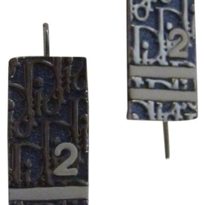 Dior Blue Enamel Trotter Print Silver Earrings: For sale is a pair of Christian Dior, blue enamel and silver, substantial, dangle earrings with pierced, French wire backs, the Dior trotter print design in blue enamel with two white enamel stripes a