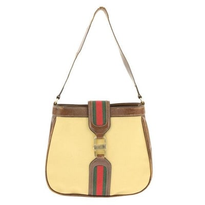 Gucci Jackie Early With Shelly Stripe Brown Leather And Gg Leather Satchel: * For sale is an early Gucci, beige canvas and medium brown leather, XL, structured, oval shaped, 'Web' style satchel shoulder bag with a red and green, Shelly striped center, bold gold, locking snap 