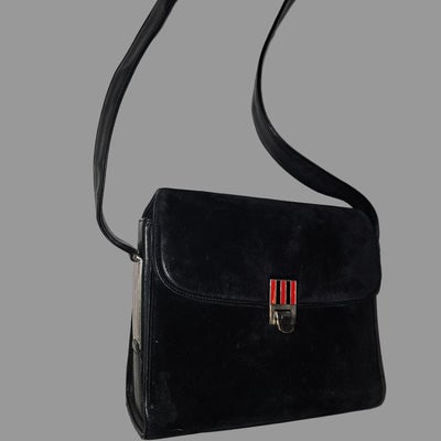 G. Gucci very early black suede boxy shoulder bag w sterling & enamel accents: For sale is a very early G. Gucci black suede boxy shoulder bag, a stunning example of vintage luxury craftsmanship. This classic piece features rich black suede construction with distinctive sterling