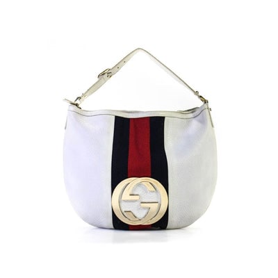 RARE, Gucci 'Blondie', white textured leather, hobo bag style, shoulder bag with a wide red and blue: VINTAGE ORIGINAL RE- RELEASED BY GUCCI!! For sale is a vintage, RARE, Gucci 'Blondie', supple white textured leather, hobo bag style, shoulder bag with a wide red and blue Sherry stripe, an XL gold 'G