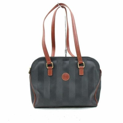 Fendi Early Pequin Black Wide Stripe Print Coated Canvas And Pecan Colored Leather Satchel: For sale is a Fendi, RARE, pequin, black wide stripe print coated canvas and pecan colored leather, extra large, satchel style purse with two longer, leather handles, two zip top compartments, and lot