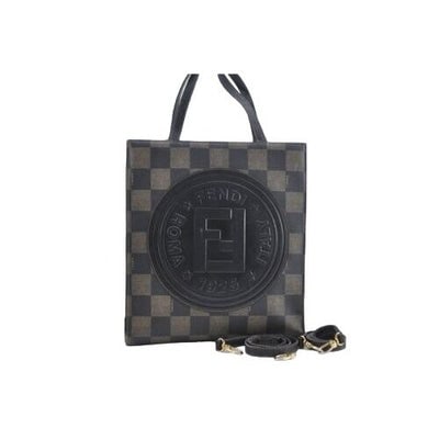Fendi, Roma 1925, checkerboard print in shades of brown coated canvas & brown leather, cross body,: For sale is a Fendi, checkerboard print in shades of brown coated canvas and brown leather, shoulder or cross body purse or backpack with an XL leather, embossed Fendi Roma patch on the front, exterio