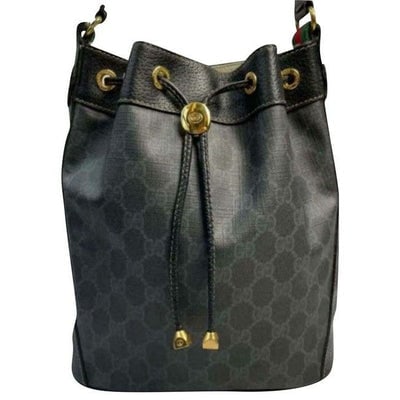 Gucci Black Guccissima Leather Bucket Bag W red & green Striped Accent: * For sale is a Gucci, grey Guccissima print on black coated canvas and black leather, large, bucket bag with red and green accents attaching the strap, a drawstring top closure, and gold hardware! Th