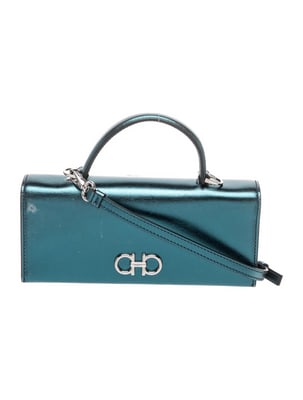 Ferragamo metallic blue Leather Double Gancini Two-Way Mini Bag: For sale is a Salvatore Ferragamo Leather Double Gancini Two-Way Mini BagTop Handle or Cross body BagBlue & Metallic LeatherSilver-Tone HardwareFlat Handle & Single Adjustable Shoulder