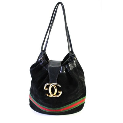 RARE, Gucci, black suede & leather, bucket bag style shoulder bag with a red & green Sherry stripe: For sale is a vintage, RARE, Gucci, black suede & leather, bucket shaped, satchel style shoulder bag with a red & green Sherry stripe and an extra large, 'blondie'- like bold gold 'GG' emblem,