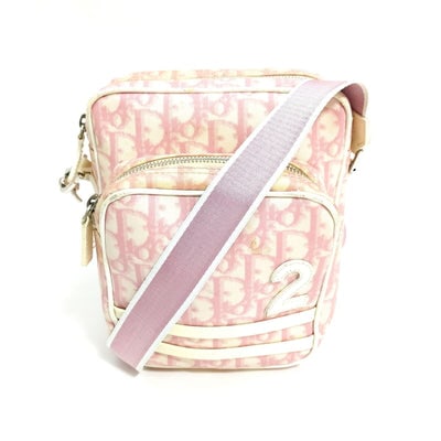 Christian Dior, pink and white trotter print canvas and white patent leather cross body with a: For sale is a Christian Dior, pink and white trotter print canvas and white patent leather cross body or shoulder style satchel with a structured, rectangular shape, a sporty #2 in patent leather, an 