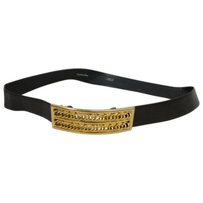Dior Black Leather Belt w Gold Chain Buckle: For sale is a RARE, Dior, black leather belt with an XL bold, gold, rectangular buckle with what look like two thick chains running through it, a clasp on the other end, and a timeless style! The belt