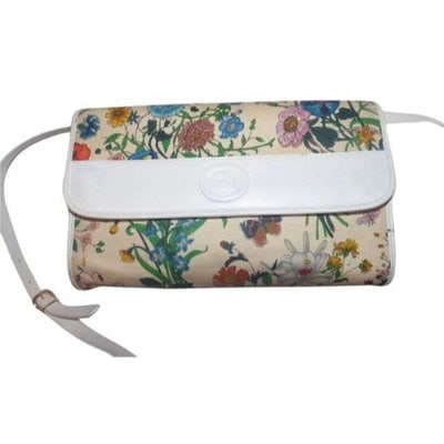 Gucci Vintage Two Way Multicolored Floral Print Canvas And White Leather Cross Body: ** The pictured purse on the model is obviously not the one for sale, but is approximately the same size to give you an idea of how it will look when worn until I can pick-up the actual handbag that i