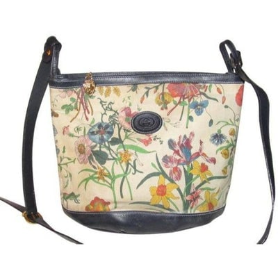 GUCCI Vintage Garden Souvenir Floral Design Canvas: For sale is a vintage, AMAZING, Gucci, floral design canvas and navy blue leather, multiple compartment, snap top, XL satchel style, hobo, cross body or shoulder bag! This is a perfect, rare, vintage 