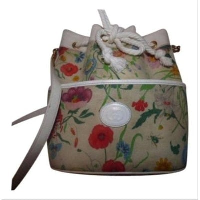 GUCCI Vintage Garden Souvenir Floral Bucket Bag: For sale is an amazing, Gucci, multi-color, flora pattern fabric and white leather, large size, drawstring top, cross body, bag with lots of room! A perfect, white, everyday purse in a rare and covete