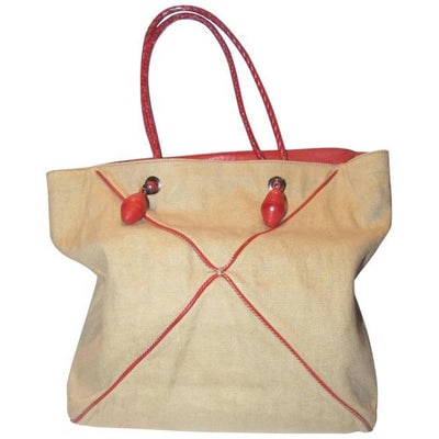 Bottega Veneta Pursesdesigner Purses Beige Canvas Fabric With Red Braided Leather Strapstrim And Top: For sale is a bohemian style, vintage, RARE, Bottega Veneta, beige canvas fabric with red braided leather trim, bucket shaped, satchel style purse with two, red leather braided straps, red leather at 
