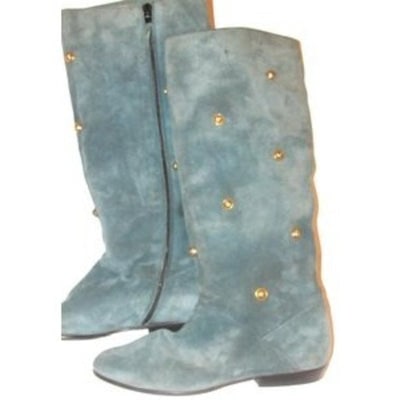 Salvatore Ferragamo Blue Suede Gold Studded Boots: For sale is an AMAZING pair of Salvatore Ferragamo, size 5.5, buttery soft light blue suede leather Peter Pan boots with almond shaped toes, side zip openings, lots of engraved, dimensional, gold engr