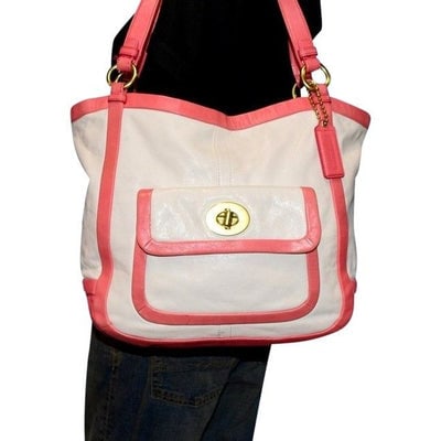 Coach Vintage Pursesdesigner Purses Buttery Soft White And Pink Leather With Gold Hardware Satchel: For sale is an adorable, extra large, COACH "Cricket" satchel or tote bag that is made with smooth, supple white and pink leather and gold toned hardware. It has two exterior pocket and a roomy