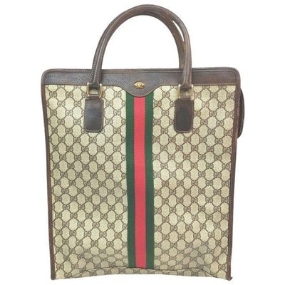 Gucci, brown Guccissima print coated canvas and brown leather, XL portfolio style satchel or tote: * For sale is a unique, Gucci, brown Guccissima print coated canvas and brown leather, XL portfolio style satchel or tote with a red and green Sherry striped center, zip top closure, gold hardware, an