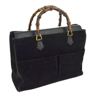 Gucci black suede and leather, two-way Diana XL tote or satchel with two bamboo handles: Just re-released by Gucci as the 'Diana' for ~$3K - $4K! * For sale is a Gucci, mod look, black suede and leather, two-way: tote or satchel with two bamboo handles, a footed bottom, removable strap,