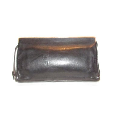 Fendi Early Sas Style Purse Black Leather With A Linear Design And Camel Trim Clutch: For sale is a vintage, Fendi, mod look, black leather clutch with a linear design in the leather, camel trim along the top, embossed Fendi 'FF' logos in the linear print leather, and a top zip closure
