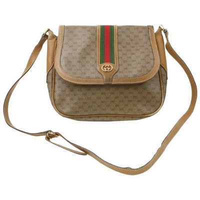 ON SALE! Gucci Sherry Line Micro Guccissima Cross Body Camel Brown Red Green Stripe Leather: For sale is a vintage, Gucci, Sherry Line cross body/shoulder bag made of brown micro guccissima print on camel coated canvas with camel leather and red and green Sherry stripe with an envelope flap t