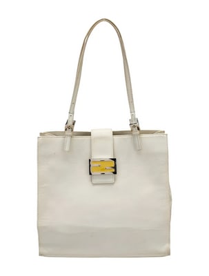 Fendi Ltd Ed white leather mini baguette tote with chrome hardware: Fendi Tote Vintage White Leather Silver-Tone Hardware Dual Adjustable Shoulder Straps Satin Lining & Single Interior Pocket Snap Closure at Front Yellow enamel accent Estimated item measurements: 