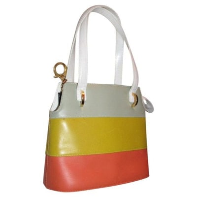 Salvatore Ferragamo Vintage Pursesdesigner Purses Color Block In White Yellow And Orange Leather Sat: *** STRAIGHT FROM PARIS! *** For sale is a vintage, Salvatore Ferragamo, mod, color block in white, yellow, and orange leather, satchel, bucket style bag, shoulder or handheld purse with two leather h