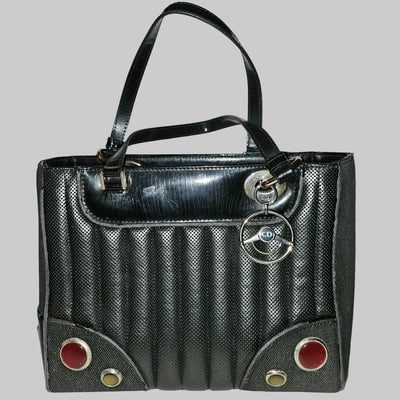 Dior LE Montaigne black leather w denim two way satchel w chrome hardware!: For sale is a Christian Dior, Montaigne, black leather with black denim two way satchel with chrome hardware, a removable strap, red & yellow glass headlights, a footed bottom, a zip top, & lo